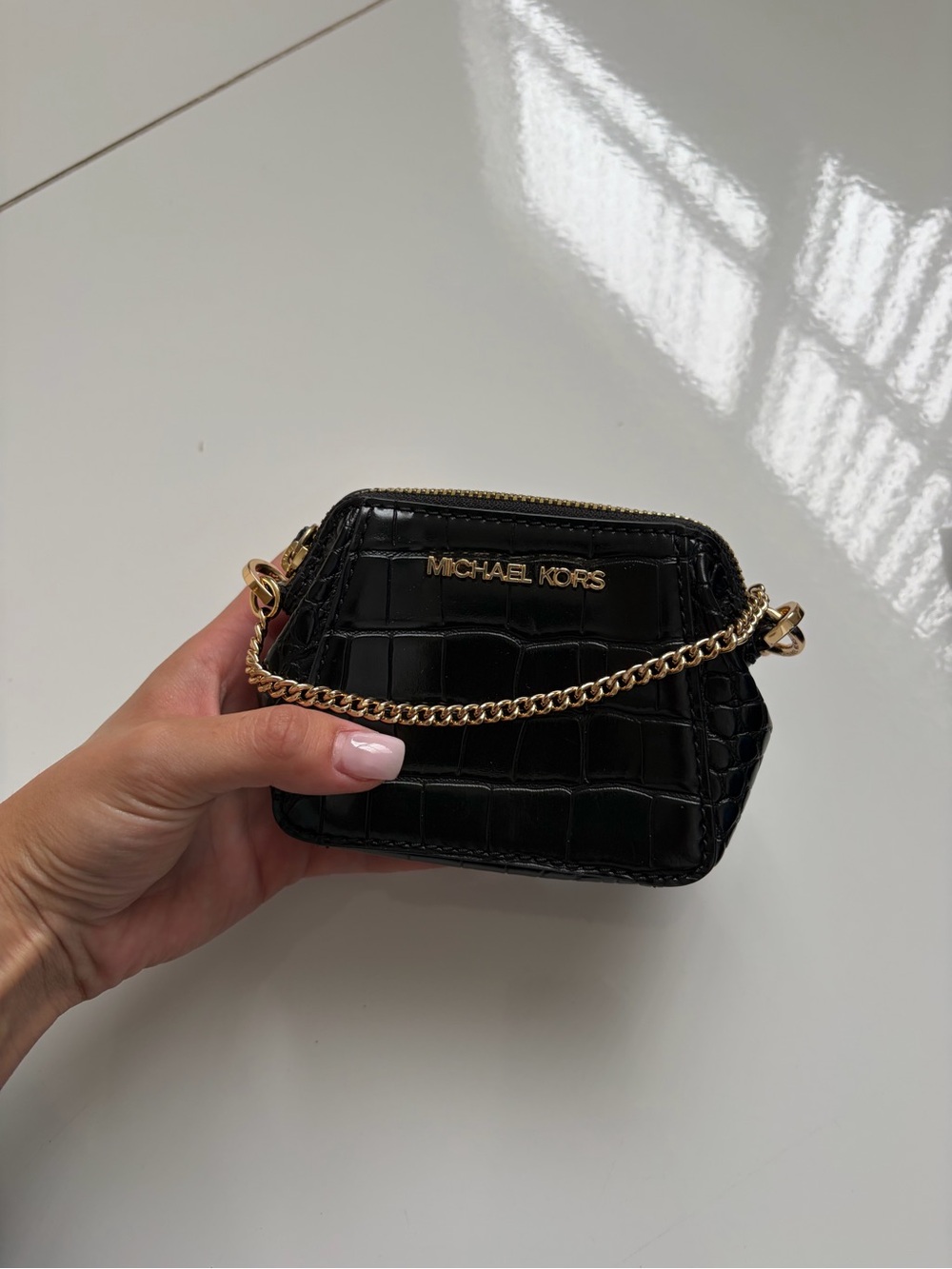 Michael Kors Black Croc-Embossed super Mini hand purse with Gold Hardware - Picture 5 of 6